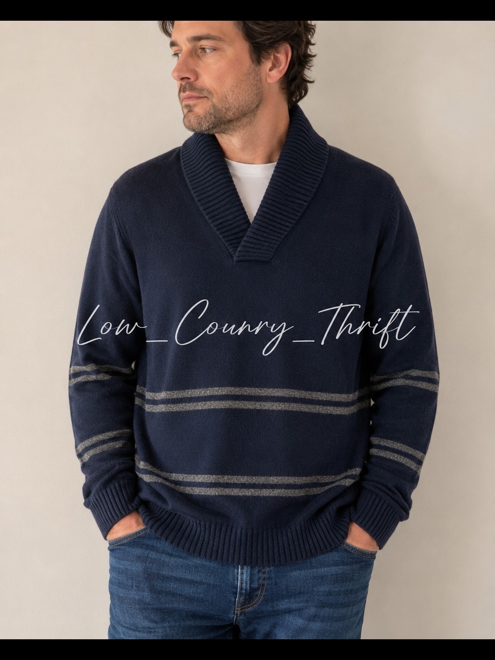 Banana Republic Heritage Men's L Merino Wool Shawl Collar Navy Sweater